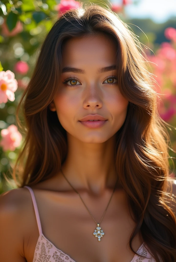 A beautiful girl, hair over the shoulder, clear eyes, smooth hair, exquisite and perfect facial features, the most beautiful big eyes, long eyelashes, sweet eyes with lying silkworms, pout, dynamic angle, ultimate picture quality, the highest precision, accurate and perfect human body, necklace, bust, close-up, outdoors, background is flowers and plants, long shot,