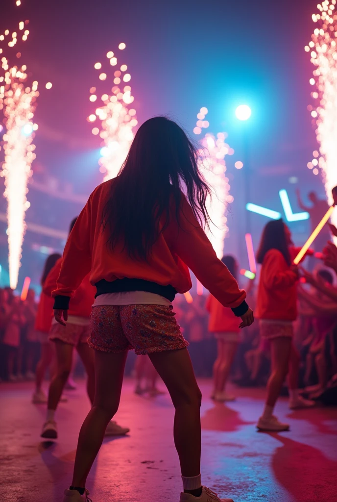 multi angle,realistic,8k,Beautiful multiple dark hiphop asian dance team girls, rock dancers estilo love dance team live, dancing and singing for her fans at the stadium