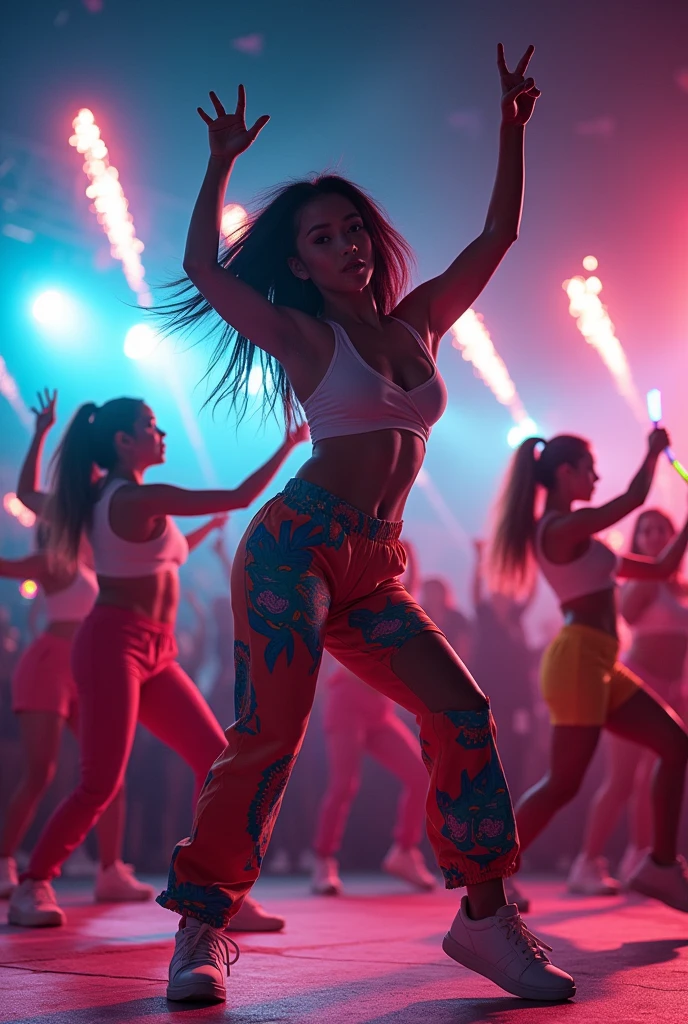 multi angle,realistic,8k,Beautiful multiple dark hiphop asian dance team girls, rock dancers estilo love dance team live, dancing and singing for her fans at the stadium