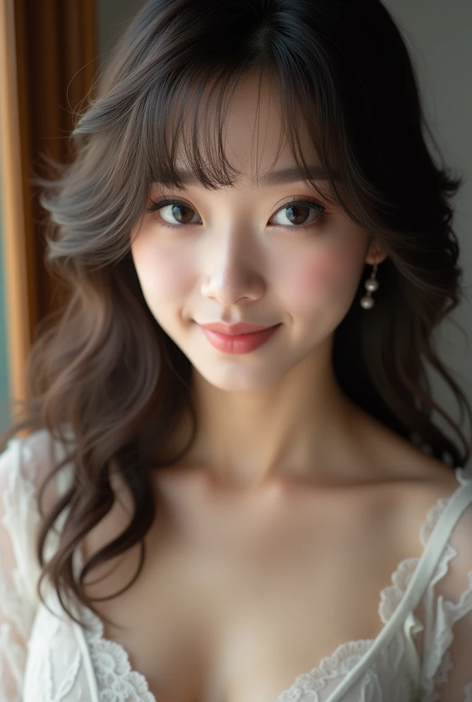 You are a professional gravure photographer.、(((One person,alone))),(Highly realistic photos, High resolution, Detailed face, Beautiful Eyes,Thin lips)、 Japanese women, Age 25, Modern beauty standards, Nice body, Isoyama Sayaka,Healthy Body,Thighs、turn over、Depth of written boundary,、Narrow eyes,Light Smile、Bodysuits、Studio shot