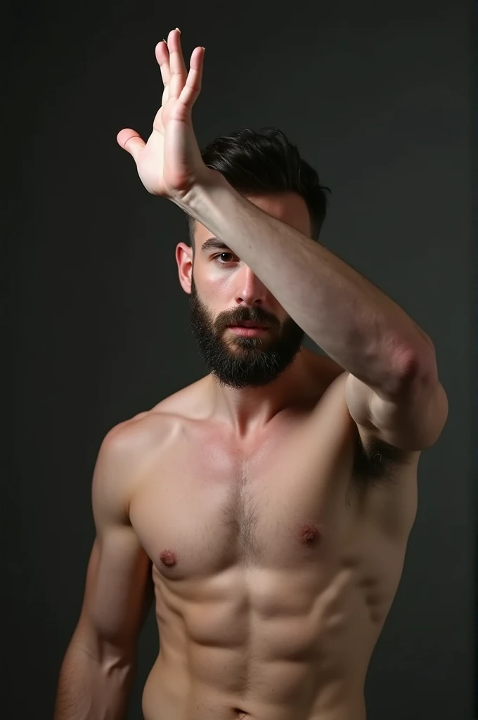 Naked men with thick erect penis curved upwards, 22 year old with a beard shadow, with white skin tanned, straight nose, muscular