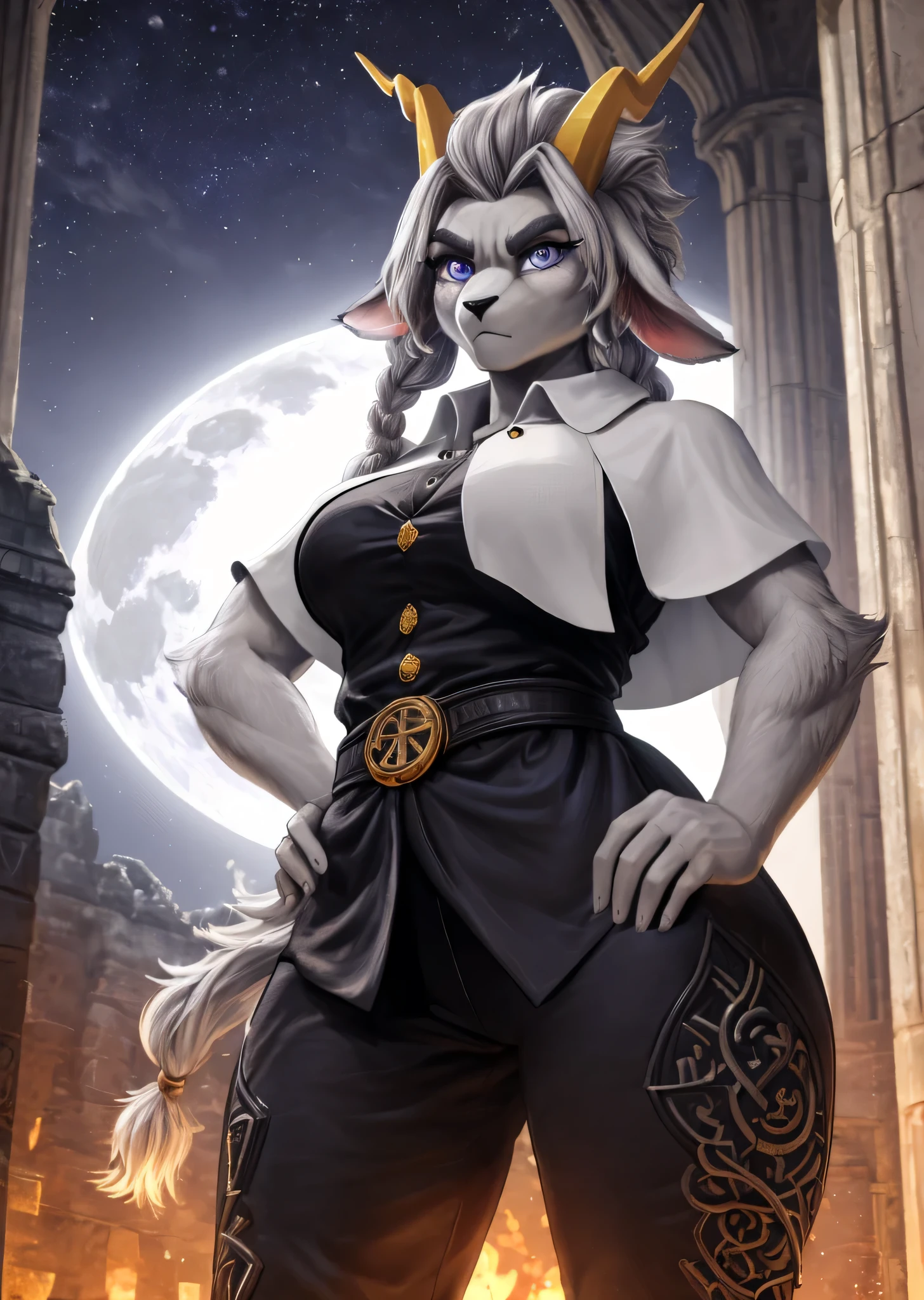 [sybil], [pseudoregalia], ((masterpiece)), ((HD)), ((high res)), ((solo portrait)), ((waist up)), ((low angle view)), ((detailed fur)), ((intricate details)), ((detailed shading)), {(anthro goat woman), (athletic figure), (grey body fur), (black nose), (long droopy ears), (braided hair), (yellow narly horns), (bushy dark grey eyebrows), (cute indigo eyes), (long grey eyelashes), (medium breasts), (curvy hips), (love handles), (beautiful legs), (angry)}, {(nude), (pantless), (black sleeveless button-up shirt), (gold buttons), (white capelet)}, {(hand on hip), (looking at viewer)}, [ambient lighting, castle ruins, nighttime, moonlight]