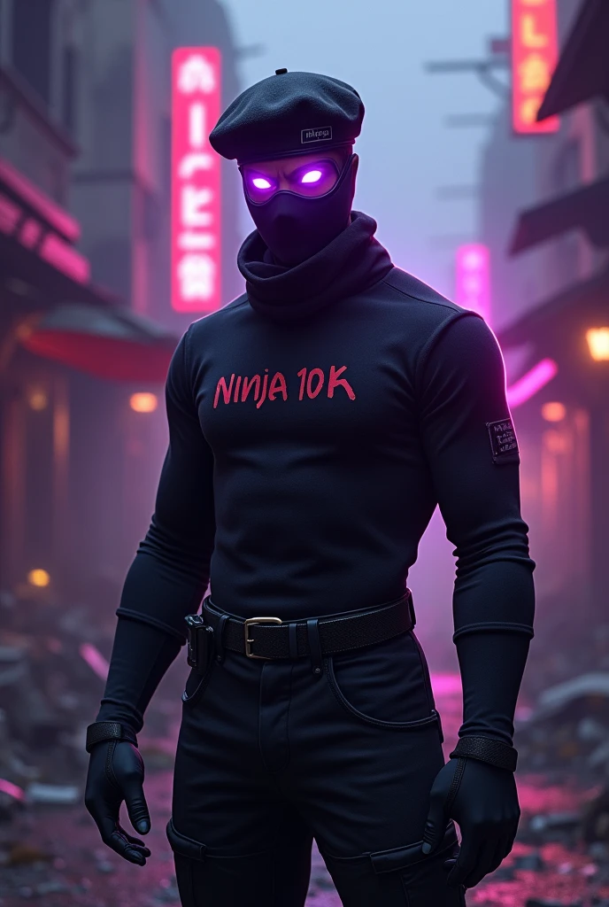 A male character from Free Fire, wearing a black beret, a mask, black turtleneck shirt, with a purple aura emanating from their eyes, and written ninja 10k on the clothes