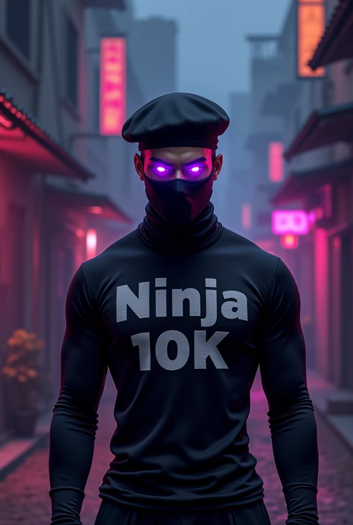 A male character from Free Fire, wearing a black beret, a mask, black turtleneck shirt, with a purple aura emanating from their eyes, and written ninja 10k on the clothes