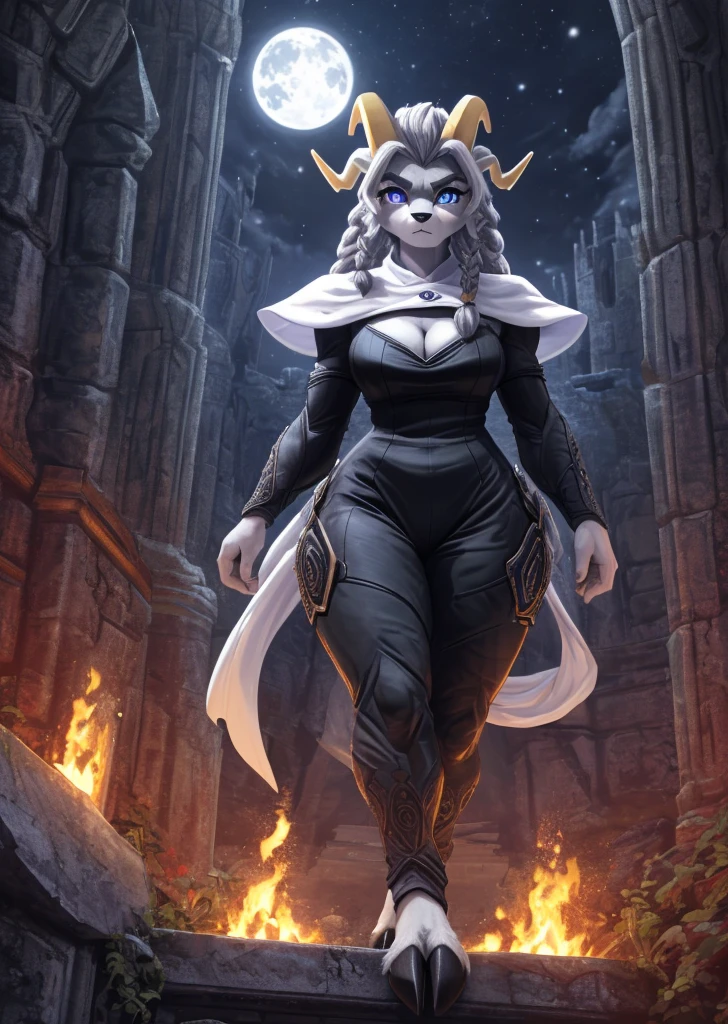 [sybil], [pseudoregalia], ((masterpiece)), ((HD)), ((high res)), ((solo portrait)), ((full body)), ((low angle view)), ((feet visible)), ((detailed fur)), ((intricate details)), ((detailed shading)), {(anthro goat woman), (athletic figure), (grey body fur), (black nose), (long droopy ears), (braided hair), (yellow narly horns), (bushy dark grey eyebrows), (cute indigo eyes), (long grey eyelashes), (medium breasts), (curvy hips), (thick thighs), (beautiful legs), (defined feet), (hooved toes), (angry)}, {(black shoulderless jumpsuit), (cleavage), (white capelet)}, {(standing), (looking at viewer)}, [ambient lighting, castle ruins, nighttime, moonlight]