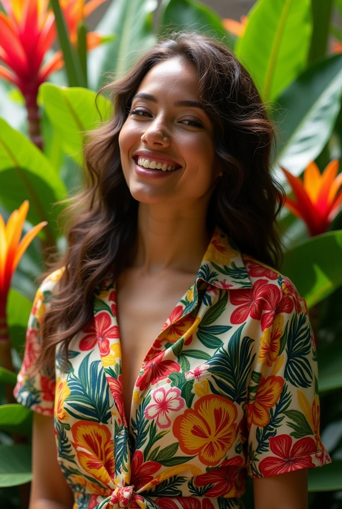 A Brazilian woman in a lush tropical garden, wearing an open shirt with a floral print, with a close-up capturing the harmonious beauty between her breasts and the natural flowers, showing off your natural charm and outgoing personality.