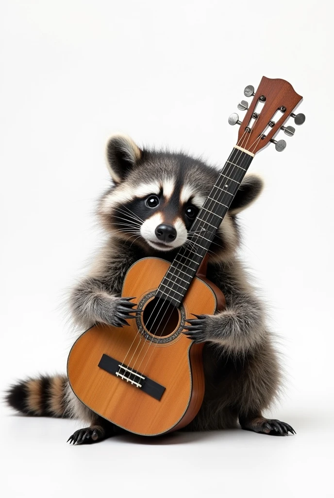 Raccoon playing the guitar sitting on the floor, just the raccoon with his guitar, without background nafa or with a white background (realistic style image)