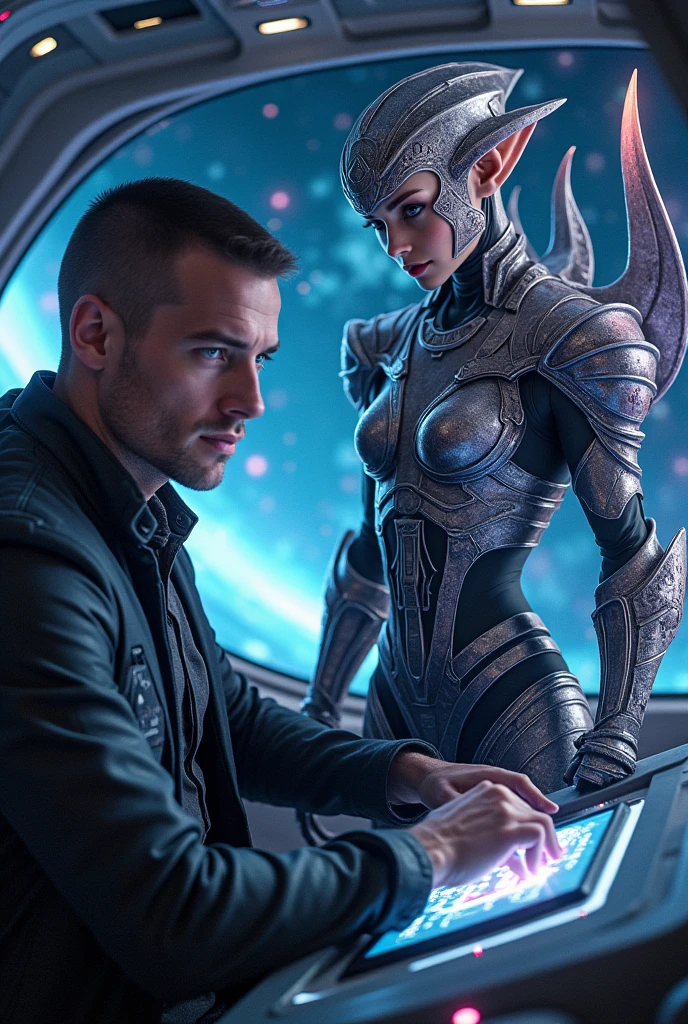 Man piloting an alien spaceship next to an alien dressed as a futuristic warrior