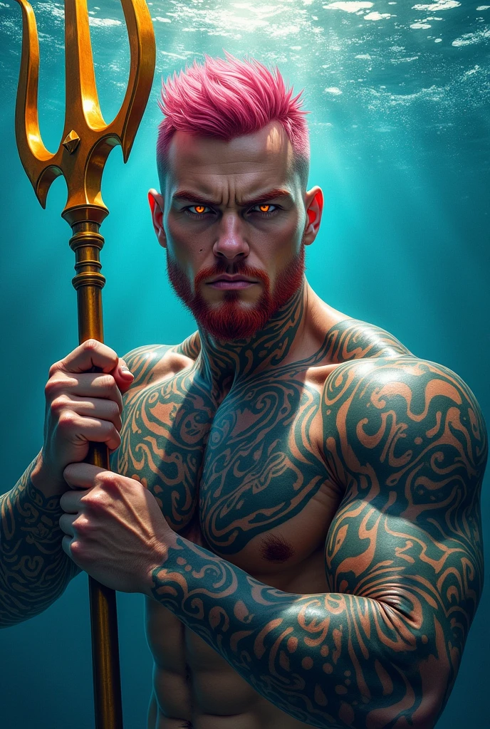 A strong man, short pink hair, short beard, has orange eyes, is under water, He has tattoos all in shades of black, He has a golden trident, realistic drawing style, Focus on face