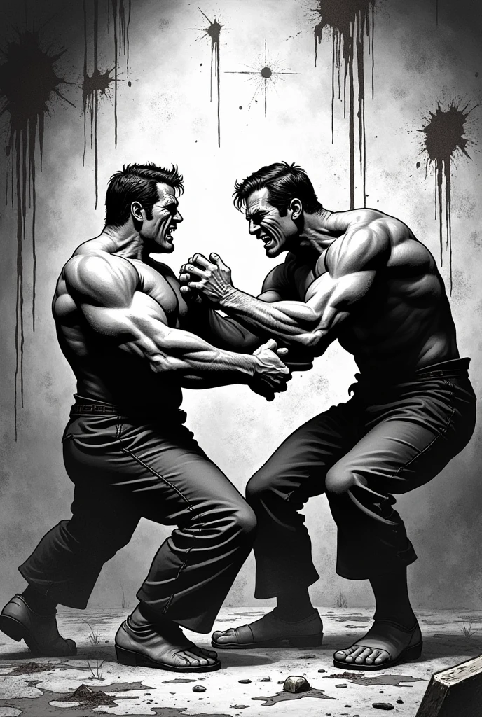 Une cellule en noir et blanc style bande dessinée Marvel avec 2 détenus qui se battent donc mets du sang et de la violence dans l’image