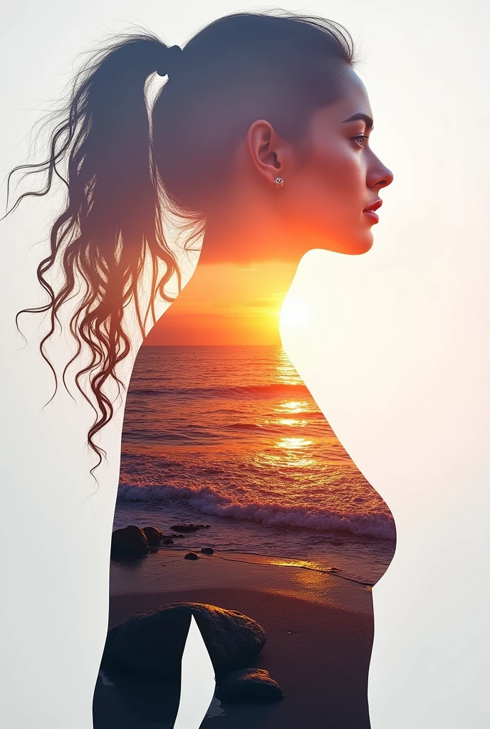 high qualiy, 8k Ultra HD, Uma linda Double exposure que combina uma silhueta de deusa com costa ao pôr do sol, the coast at sunset should serve as a backdrop, with its details incorporated into the goddess, Sharp lines, The background is monochromatic, sharp focus, Double exposure, By Yukisakura, stunning full colors.