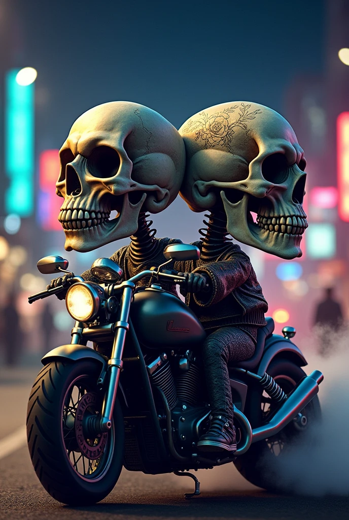 A male skull and a female skull riding a motorcycle