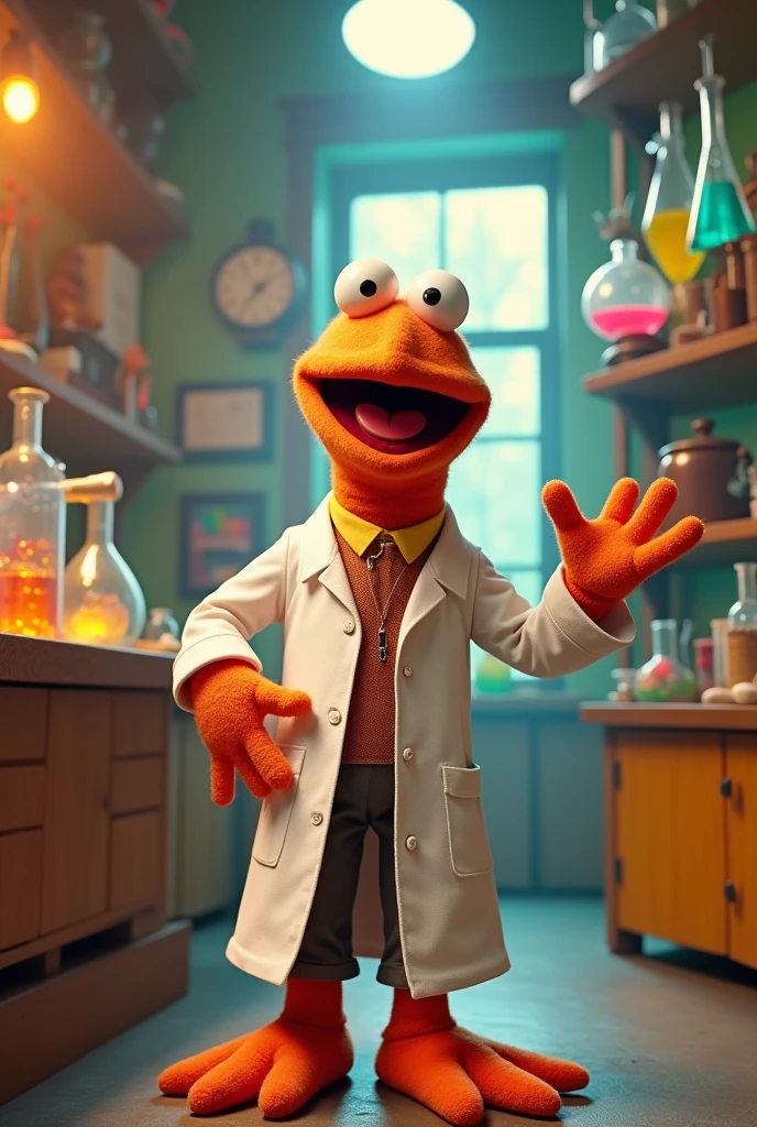 Create an image of the character Pepe the King Prawn in the realistic puppet visual style of the Muppets series wearing a white lab coat. 