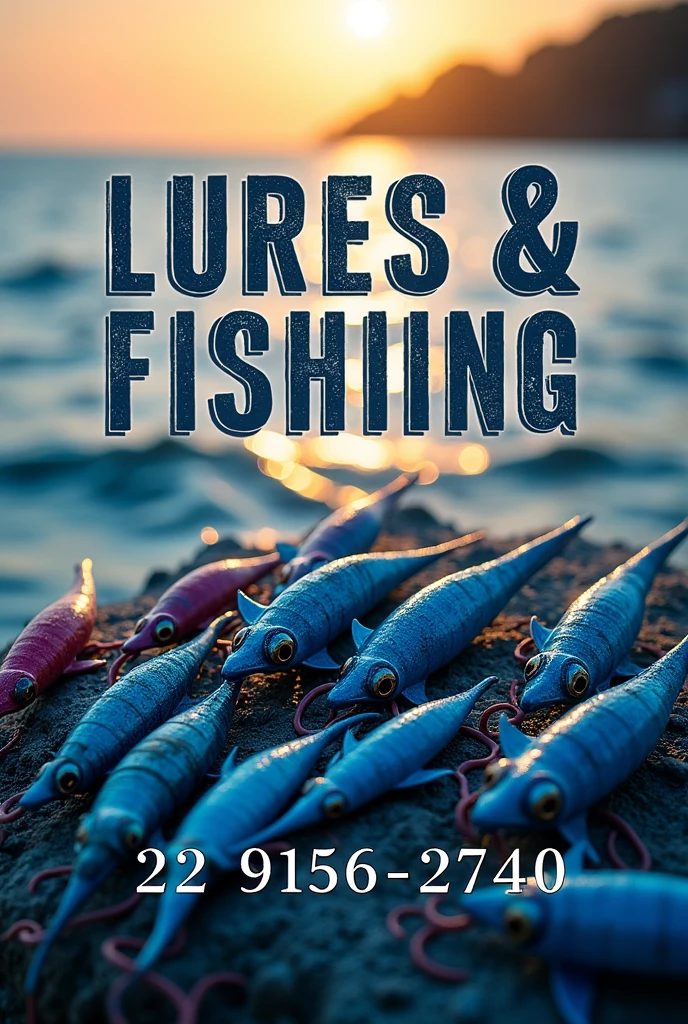 Ad image with text in blue color lures and fishing fish squid number (22)981562740 Portuguese (Brazil) 