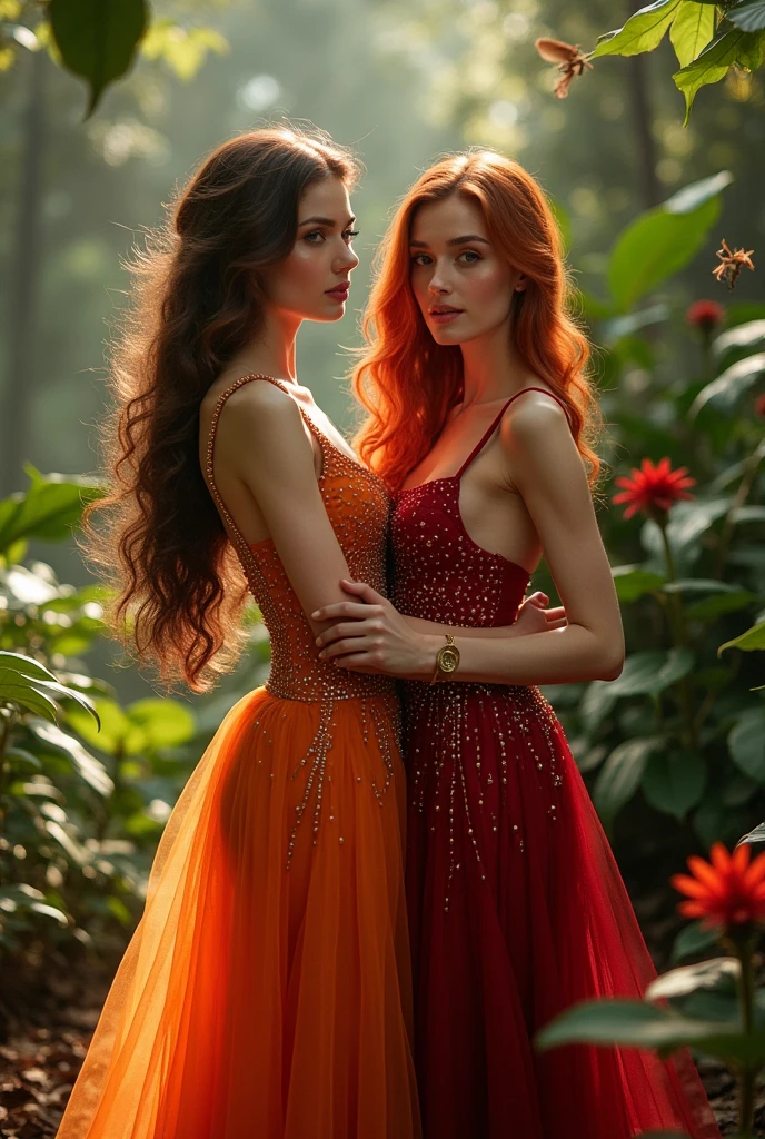 Mulher de cabelo marrom com vestido laranja luxuoso do tempo 2000-90-80, com outra mulher de cabelo vermelho pele branca com vestido luxuosa vermelho tempo 2000-90-80
Fundo ela estão em uma floresta