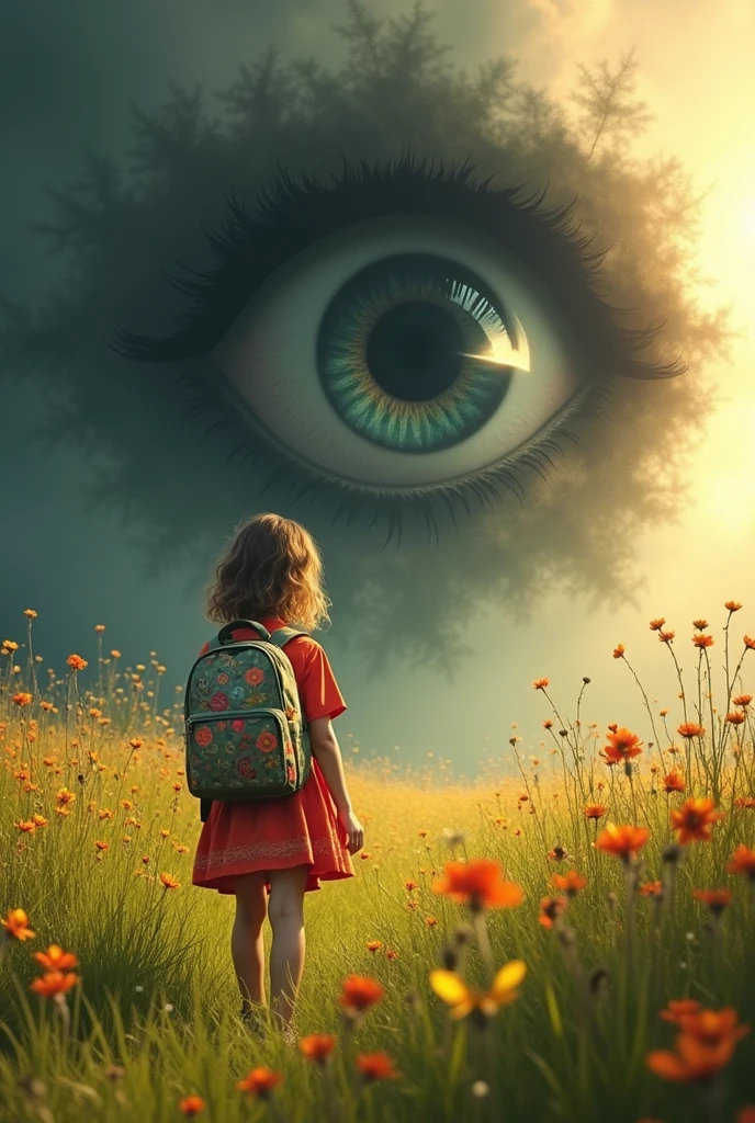 Evil spirit in the form of an eye looking at a girl carrying a backpack in a meadow
