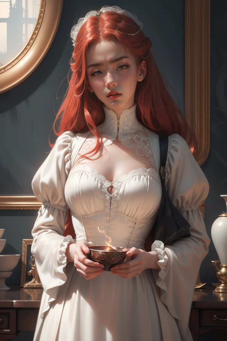 { - anatomy error}(Masterpiece - Ultra-detailed, very high resolution) Prepare to be enchanted by a true masterpiece that combines ultra-detailed art with high-resolution rendering. This work depicts a mesmerizing woman with long red hair (1.3) and captivating gray eyes (1.2), emanating an aura of elegance and mystery in Victorian environments. Intricate details and realistic textures invite you to explore every aspect of this enchanting composition.. Woman wearing a beautiful classic Victorian dress from 1878. Red lips. happy face. smiling. off white (off white) don. falando no telefone, dynamic poses. Get ready to dive into a world where beauty and craftsmanship merge perfectly.