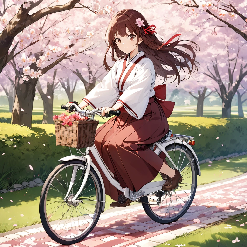 1girl, solo, full body, Riding a Bicycle, brown long hair, Red ribbon hair ornament, Purple arrowhead pattern with Reddish brown hakama, boots, Female students in the Taisho period, Cycling along a cherry blossom-lined path, [Haikara san ga Tooru]