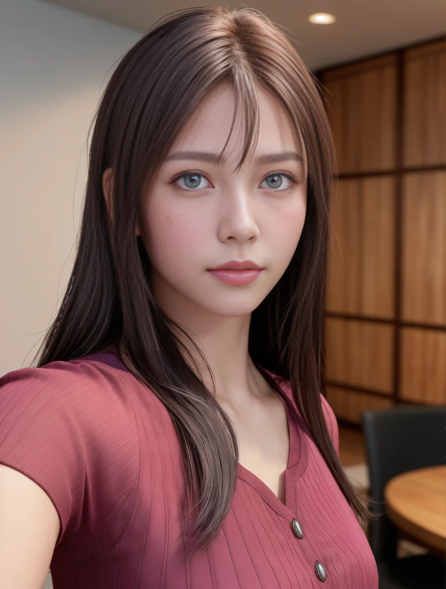 8k, Highest quality, Tabletop, Ultra-high resolution, (realism: 1.4), Original photo, (Realistic skin texture: 1.3), (Film Grain: 1.3), (Selfie angle), 1 person, Pink clothes, Sapphire eyes and beautiful facial details, Tabletop, Highest quality, close, The best quality upper body chin-up