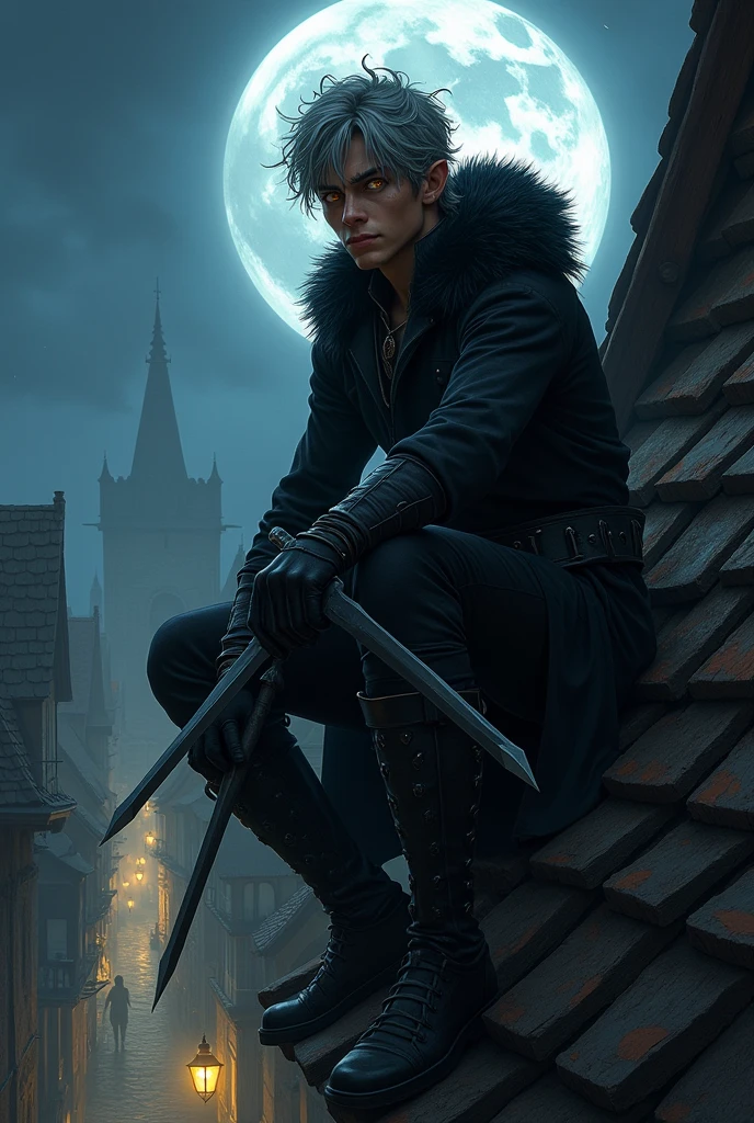 Draw a male character from Dungeons & Young dragons, of half-elf race, with brown skin, yellow eyes and gray hair, wearing black clothing and a hood with wolf fur. Standing on the roof of a house on a moonlit night, holding two daggers.
