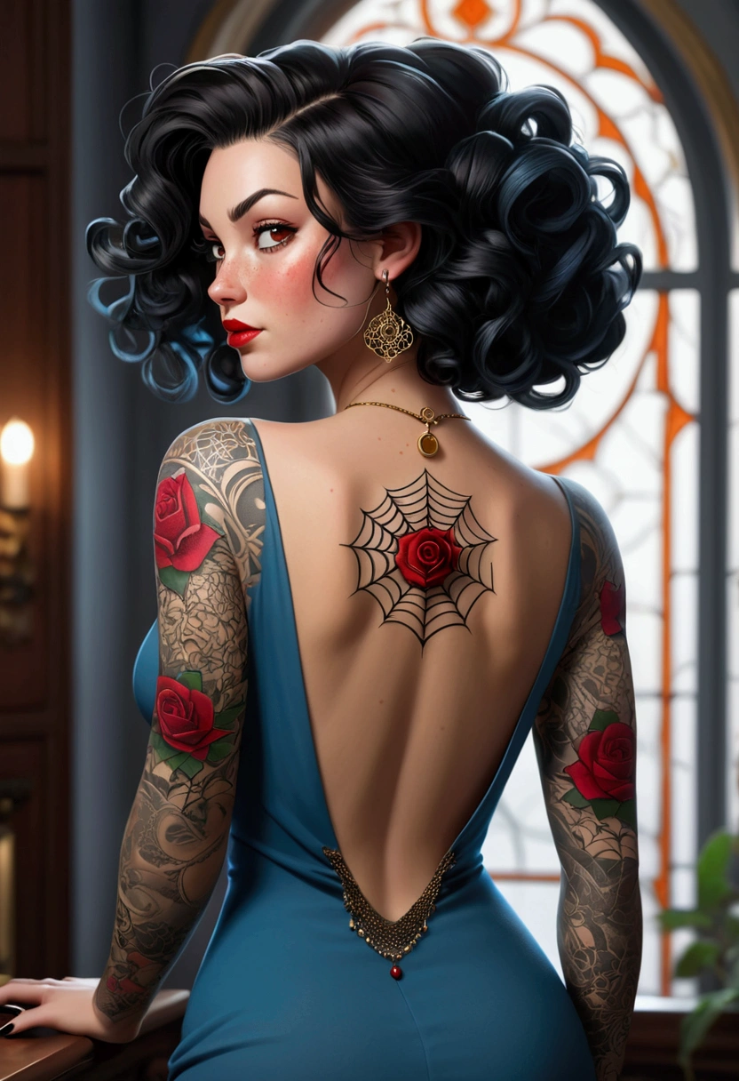 Semi-realistic Spider-Verse comic panels. Curvy woman,delicate innocent face with freckles and hints throughout the body,red lips,dark brown eyes with gold,long, very curly loose black-blue hair in the middle,black tight short dress with long sleeves and a square neckline,black open high heels,long white nails,silver rings,thin silver necklaces,silver ear piercing,Caucasian skin,mandala rose tattoo on the middle of the back,shadow effect,Inside a mansion