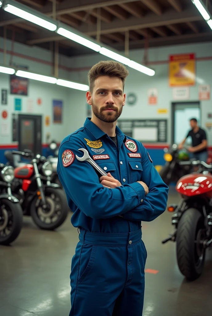 Create an image that references costs for an automotive and motorcycle mechanics course, where the character is a young person of 25 years old and holding a mechanical tool