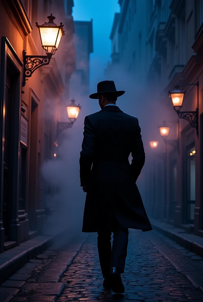 Draw a stylish man in black clothes and a hat arriving at night