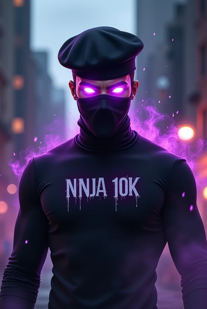 A male character from Free Fire, wearing a black beret, a mask, black turtleneck shirt, with a purple aura emanating from their eyes, and written ninja 10k on the small chest 