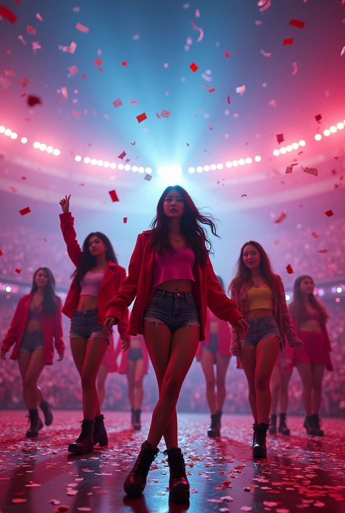 multi angle,realistic,8k,Beautiful multiple Radical vulgarity hiphop asian dance team girls, rock dancers estilo love dance team live, dancing and singing for her fans at the stadium