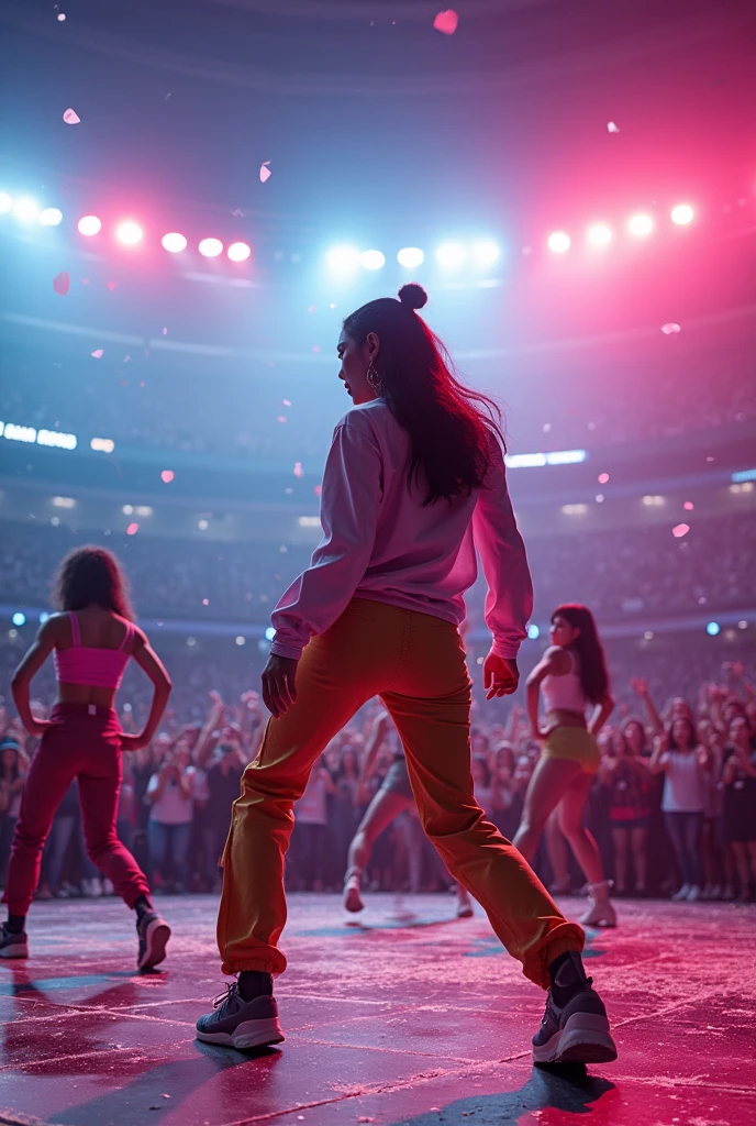 multi angle,realistic,8k,Beautiful multiple Radical vulgarity hiphop asian dance team girls, rock dancers estilo love dance team live, dancing and singing for her fans at the stadium