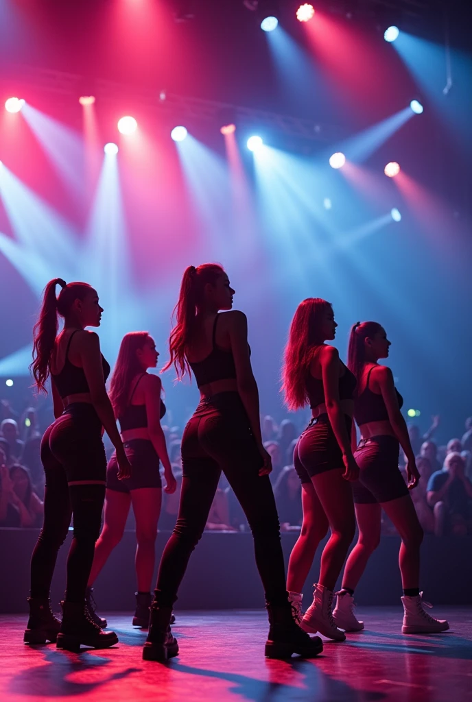 multi angle,realistic,8k,Beautiful multiple dark hiphop asian dance team girls, rock dancers estilo love dance team live, dancing and singing for her fans at the stadium