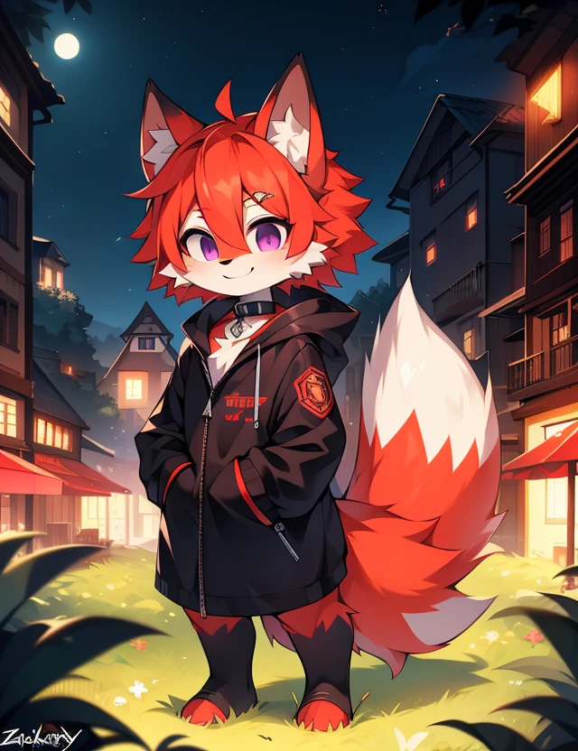 (Artist by zackary911, 8k, high quality, detailed eyes and fur, night, residents background), solo, male fox, anthro, red satured fur, red body, male body, purple eyes, black ears, red hair, short hair, hair cover eye, hands white, choker, eyeliner black, beige jacket, black shirt, alone, without group, without doubles, full length, completely complete everything. smiling, in the field