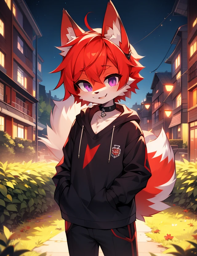 (Artist by zackary911, 8k, high quality, detailed eyes and fur, night, residents background), solo, male fox, anthro, red satured fur, red body, male body, purple eyes, black ears, red hair, short hair, hair cover eye, hands white, choker, eyeliner black, beige jacket, black shirt, alone, without group, without doubles, full length, completely complete everything. smiling, in the field