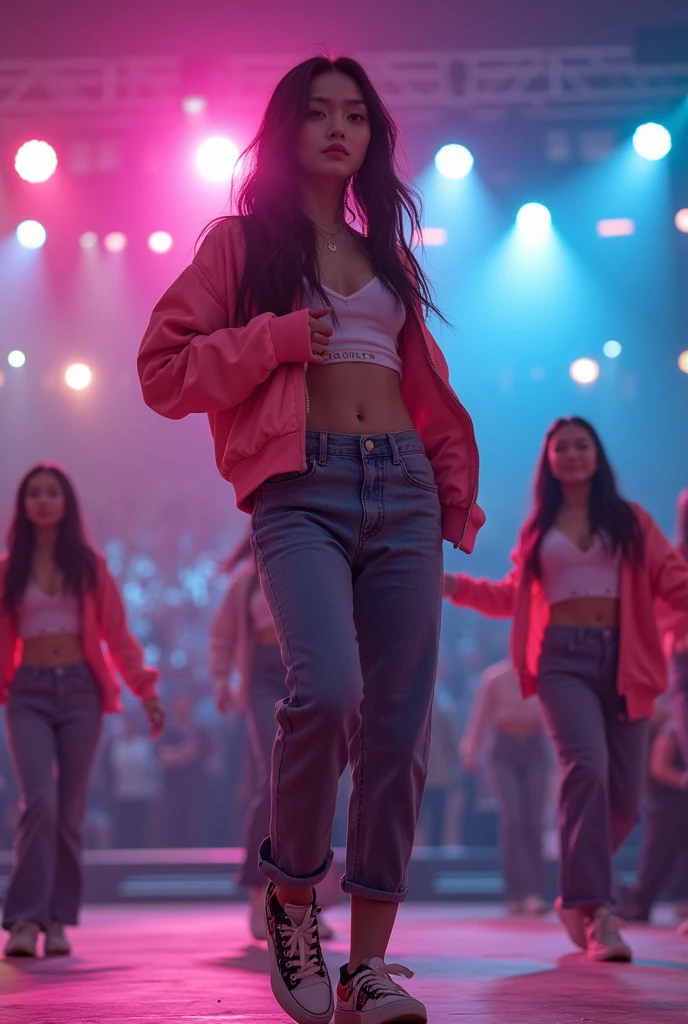 multi angle,realistic,8k,Beautiful multiple sexy hiphop asian dance team girls, rock dancers estilo love dance team live, dancing and singing for her fans at the stadium