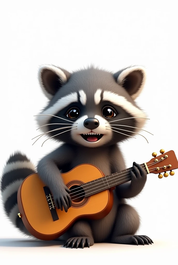 Raccoon playing the guitar sitting on the floor, just the raccoon with his guitar, without background nafa or with a white background (realistic style image)