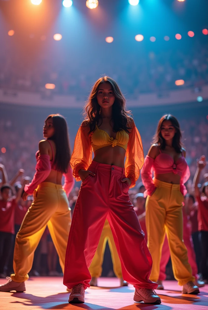 multi angle,realistic,8k,Beautiful multiple hiphop asian dance team girls, rock dancers estilo love dance team live, dancing and singing for her fans at the stadium