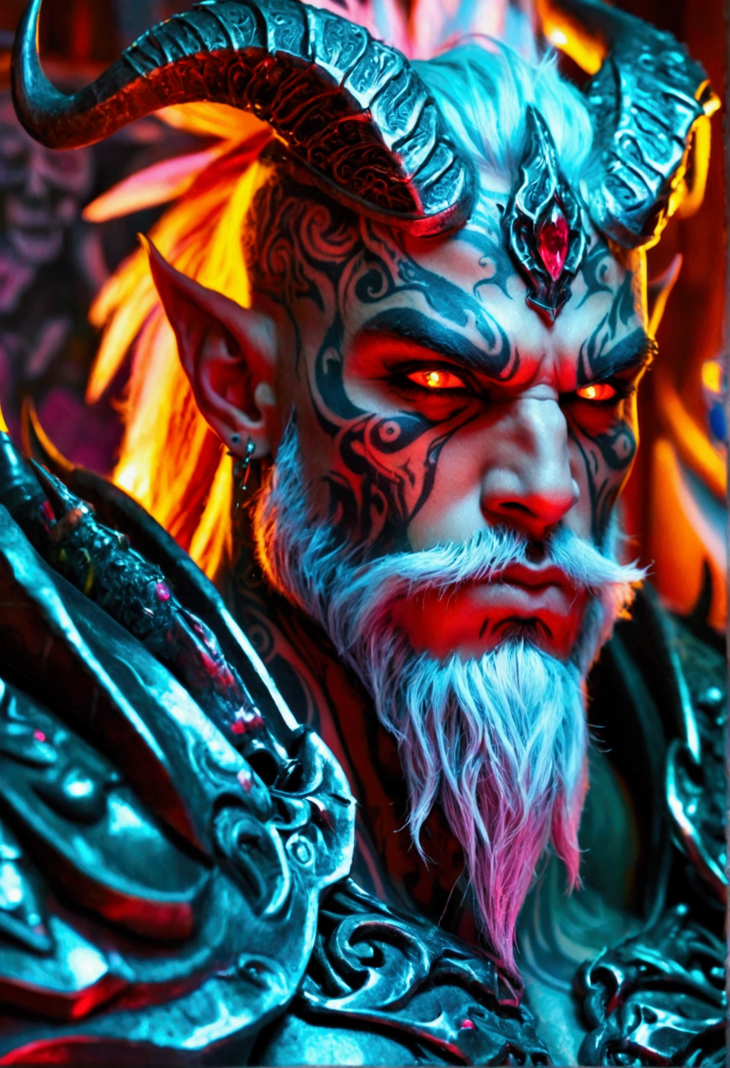 Create a hyper detailed photograph of a tattooed muscular young demon lord deathknight, Stunningly perfect gorgeous face, perfect makeup, detailed vibrant neon ruby eyes, big beautiful muscular legs, big beautiful muscular arms, perfect body, muscular abs, detailed smooth skin,