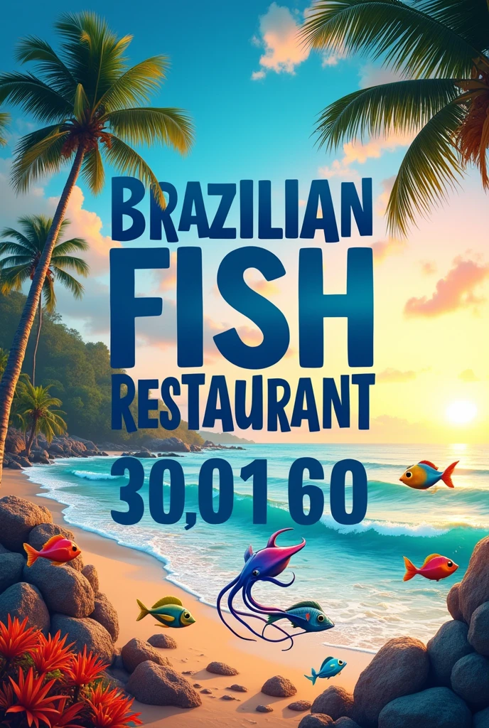 Ad image with text in blue color lures and fishing fish squid number (22)981562740 Brazilian Portuguese fish restaurant