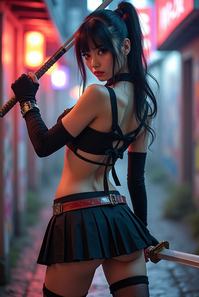 A sexy beautiful student girl,sexy japan uniform school modified to be a fighter, mini skirt, show stomach, gloves, weapons, leg warmer, thigh stocking