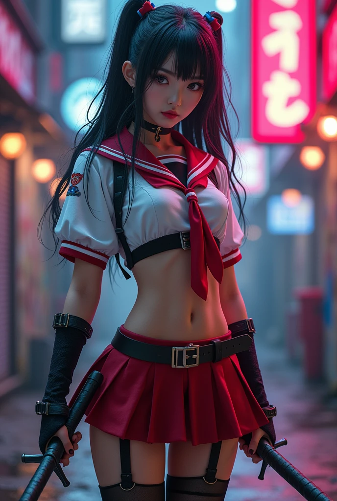 A sexy beautiful student girl,sexy japan uniform school modified to be a fighter, mini skirt, show stomach, gloves, weapons, leg warmer, thigh stocking