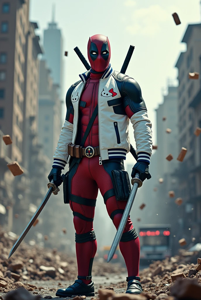 (photorealism:1.2), Full-body Deadpool wearing a white and blue Sanrio Cinnamorol character jacket, attacking with his weapons in a destroyed city.