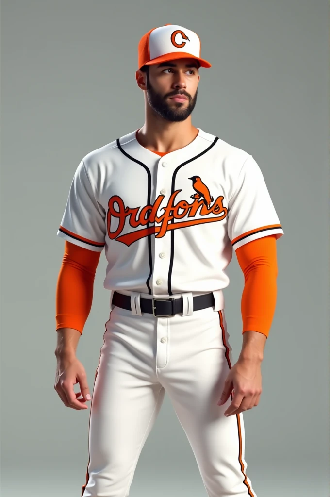 Generates a complete white and orange baseball uniform, with the logo of a goldfinch.
The white pants with orange and black stripes