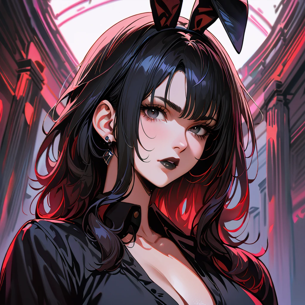 (high quality, 8k, 4K, high contrast, artwork:1.2, high quality, best aesthetics), (centered), ((1 woman)), erotic, sensual, mature body, super detailed, beautiful face detailed, beautiful eyes detailed, detailed beautiful mouth, perfect breats, (long wavy black hair), (black eyes), (serious expression), (piercing gaze), (looking at viewer), (black lipstick), (black casual clothes), (front view), (standing), (black rabbit ears), (close-up), (focus on face), (face framed)