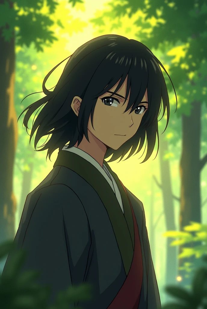 yoriichi tsugikuni drawn in anime style ghibli style. Looking at the face

