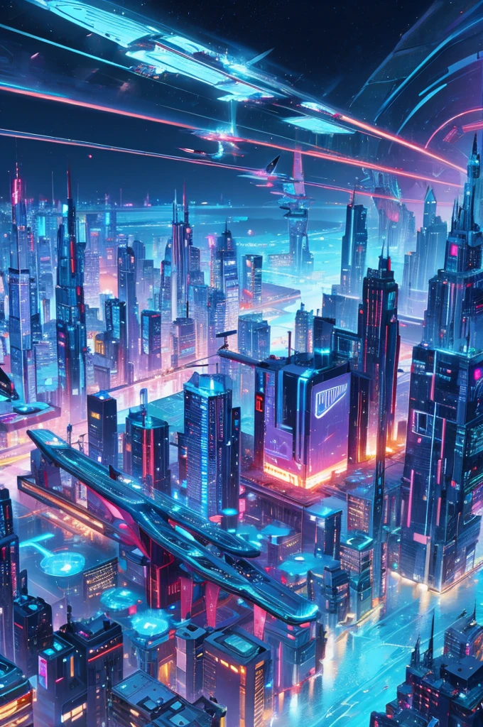 Futuristic city at night with flying cars