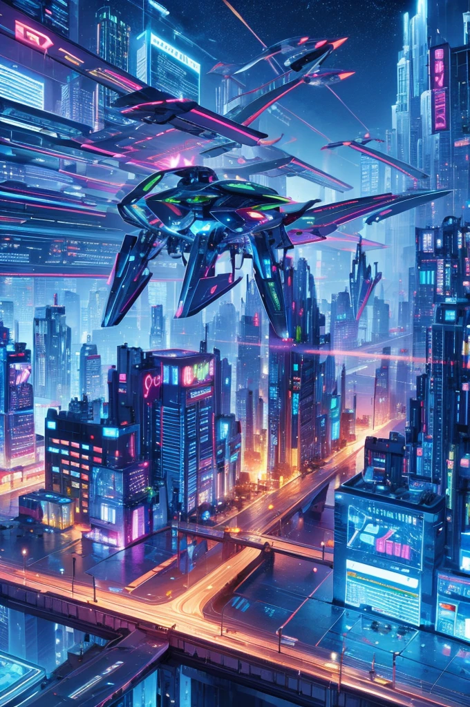 Futuristic city at night with flying cars