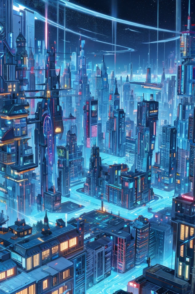 Futuristic city at night with flying cars 