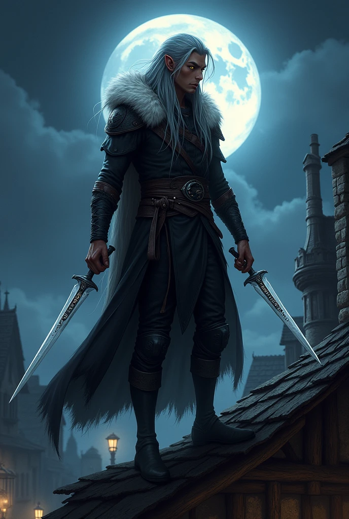 Draw a male character from Dungeons & Young dragons, of half-elf race, with brown skin, yellow eyes and gray hair, wearing black clothing and a hood with wolf fur. Standing on the roof of a house on a moonlit night, holding two daggers.
