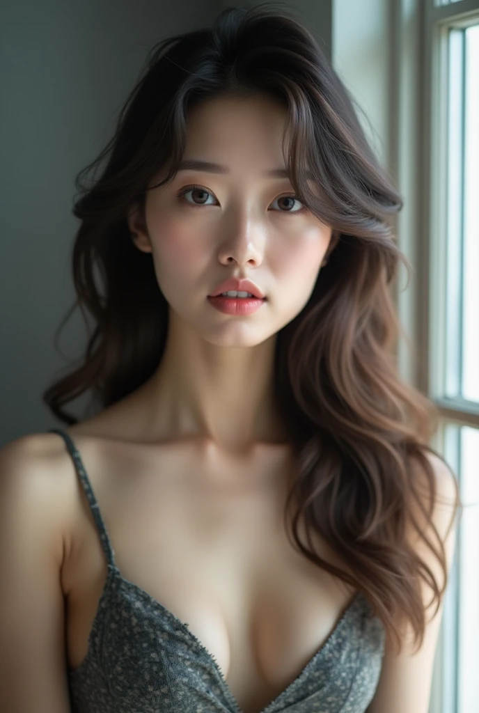 You are a professional gravure photographer.、(((One person,alone))),(Highly realistic photos, High resolution, Detailed face, Narrow eyes,Thin lips)、 Japanese women, Age 25, Modern beauty standards, ,Healthy Body,Foggy