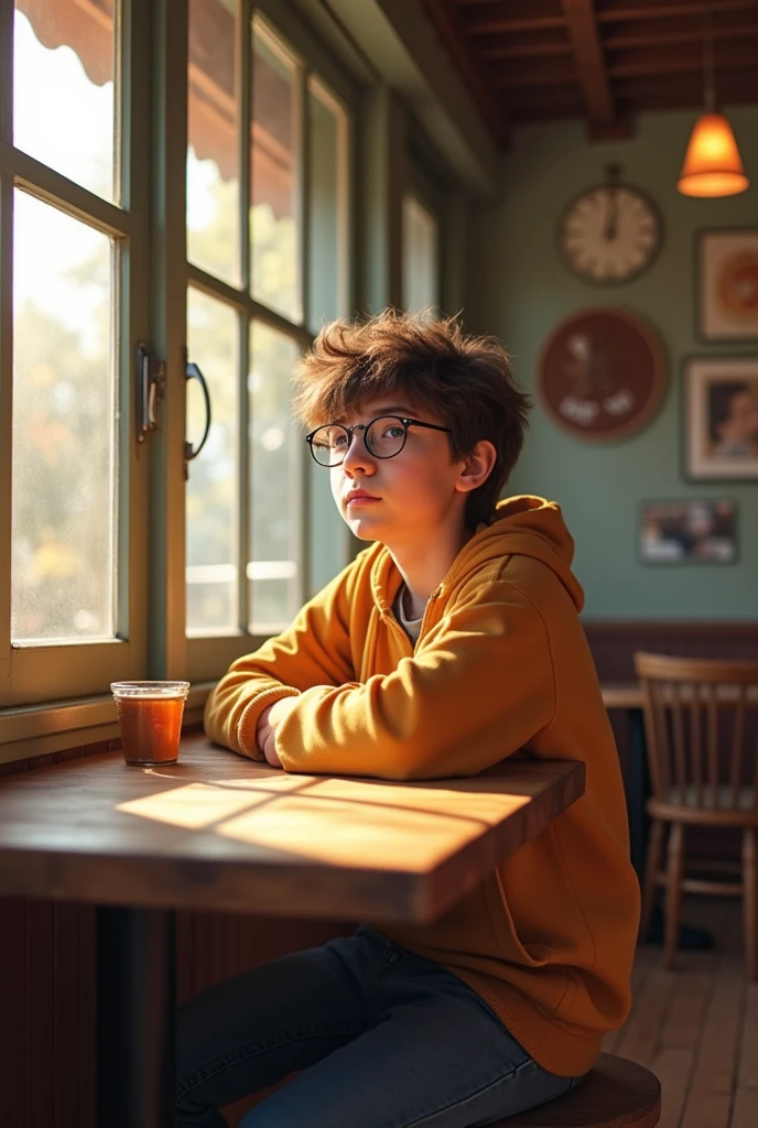 (photorealism:1.2), teenage boy, with Harry Potter style glasses, Light brown hair, Asian features, Taehyung, shelter cafe, Pale skin, fine nose
 